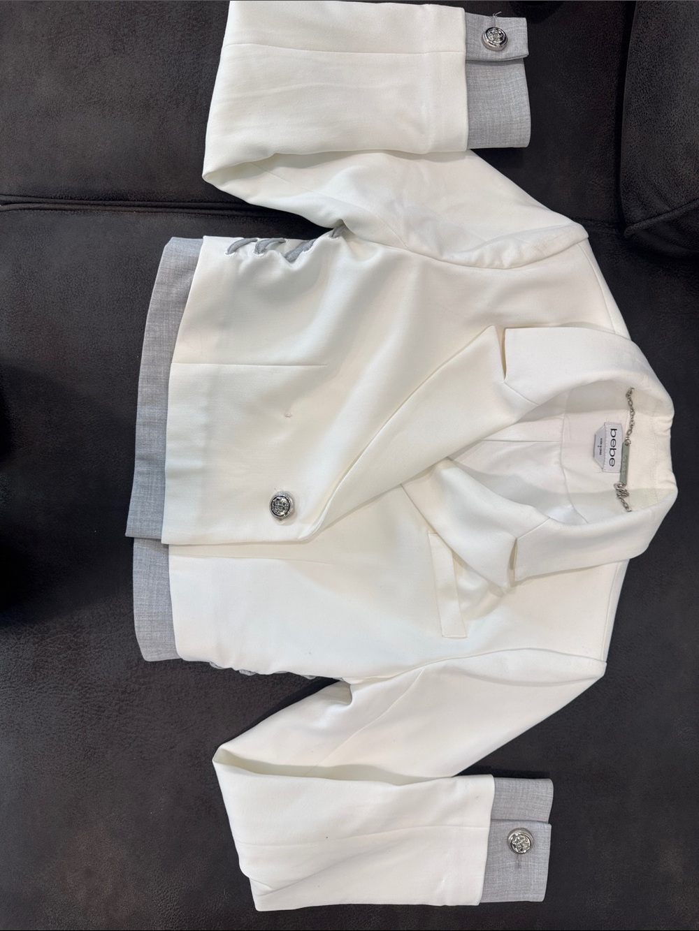 bebe White Cropped Blazer with Gray Trim Accents